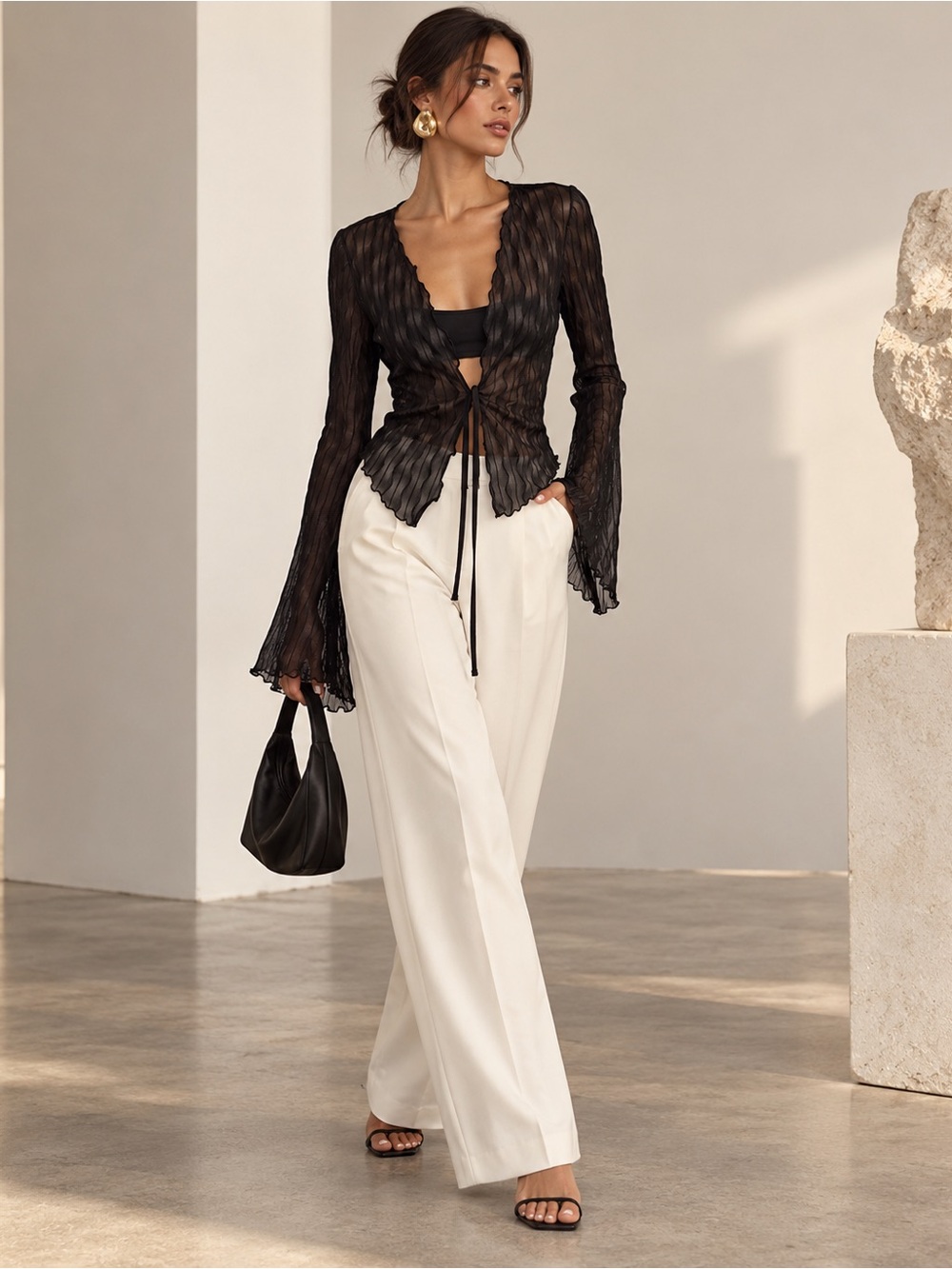 Sheer Ruffle Tie-Front Cardigan - Black